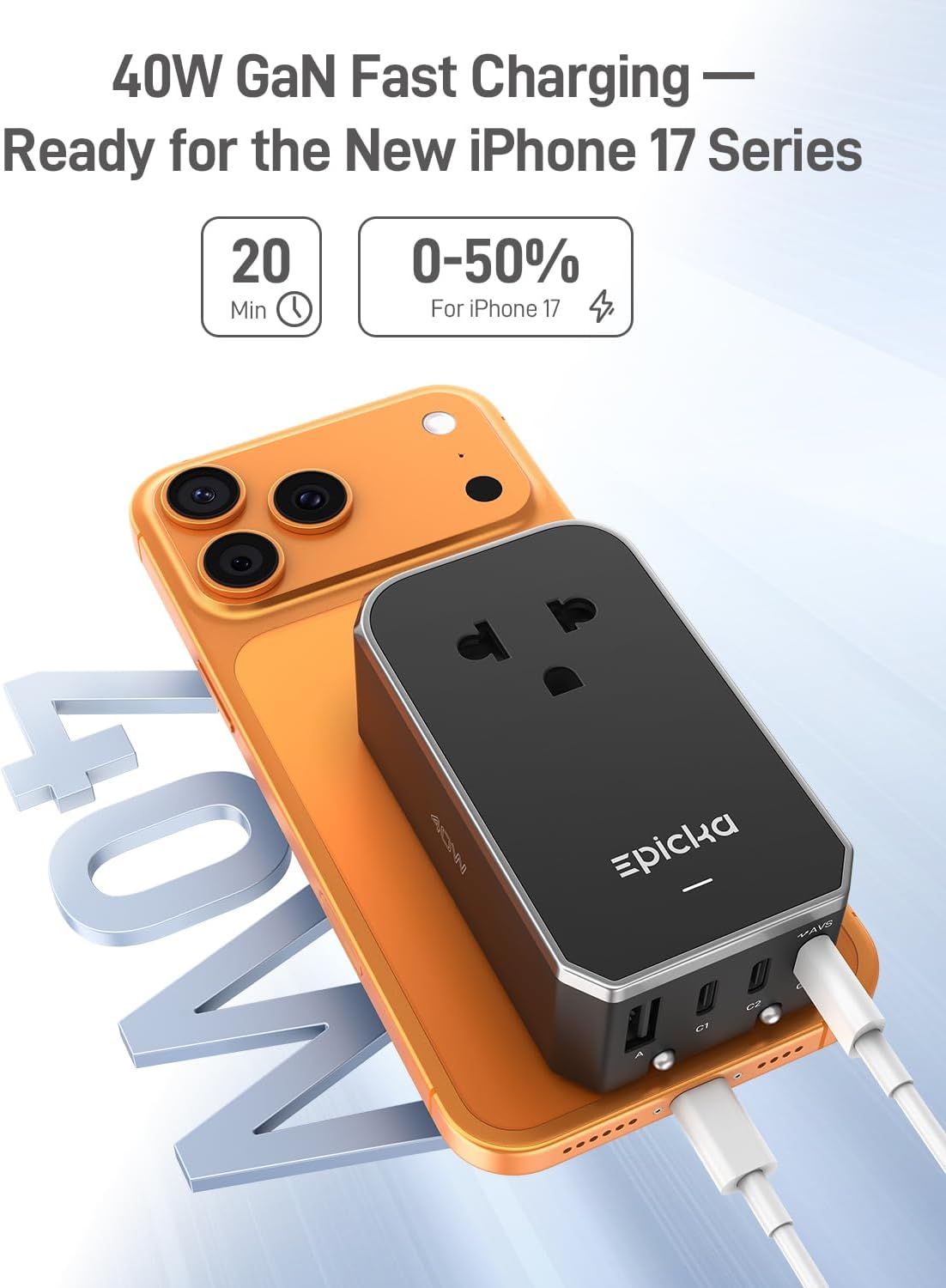 EPICKA Air 40W Universal Travel Adapter PD&QC with 1AC/3USB-C/1USB-A - Image 2