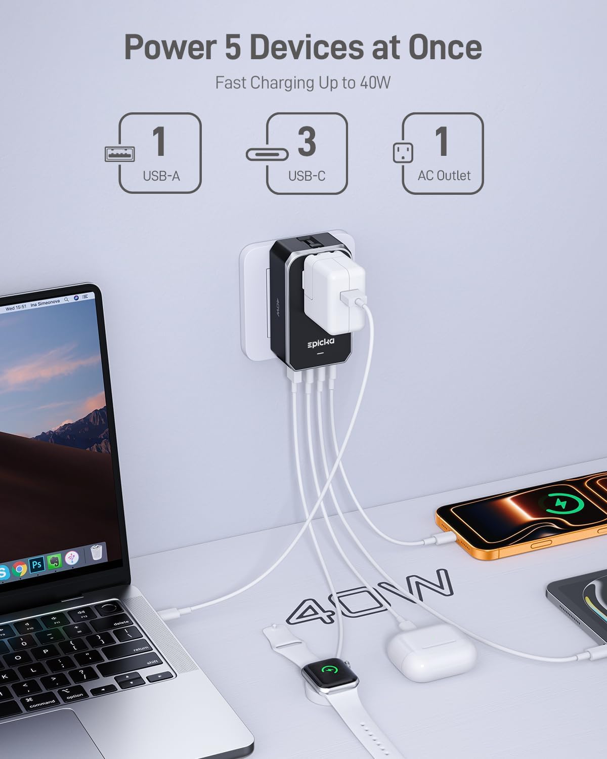 EPICKA Air 40W Universal Travel Adapter PD&QC with 1AC/3USB-C/1USB-A - Image 4