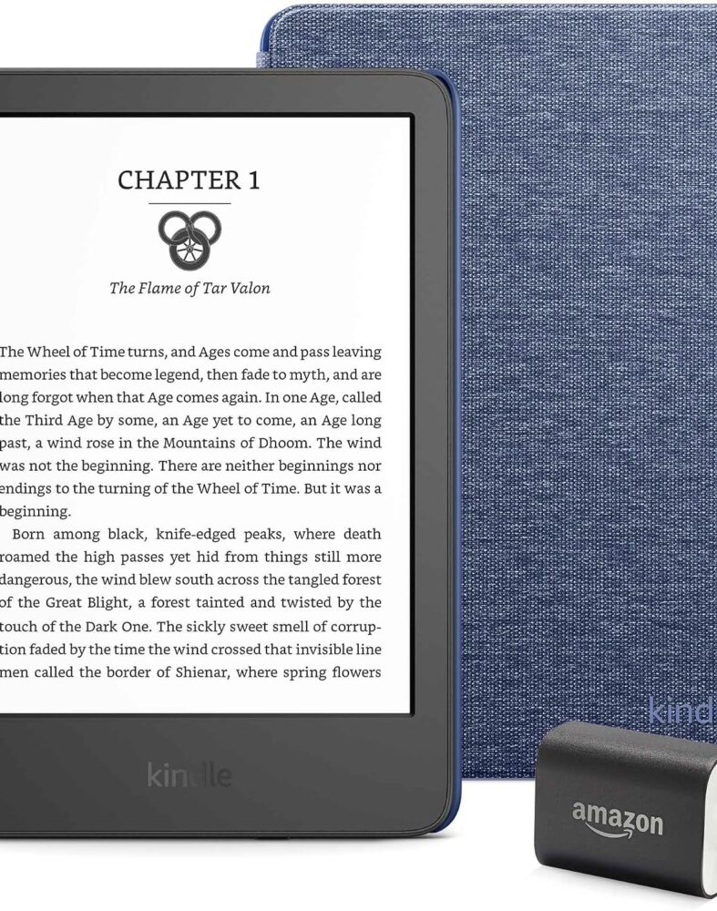 Kindle Essentials Bundle including Kindle (2024 release) - Black, Fabric Cover - Denim, and Power Adapter